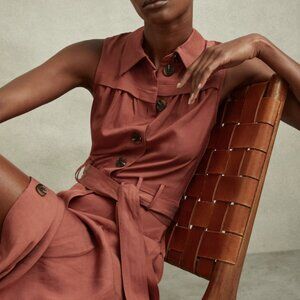 Reiss Heidi Rust Viscose Linen Belted Sleeveless Dress Size 12